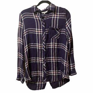 Beach Lunch Lounge Womens XS Shirt Purple Pink Plaid Button Up Long Sleeve